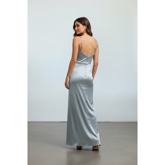 JJ’s House Dusty Blue Metallic Satin Cowl Neck Evening Gown NWT – Size 16W - Picture 8 of 16